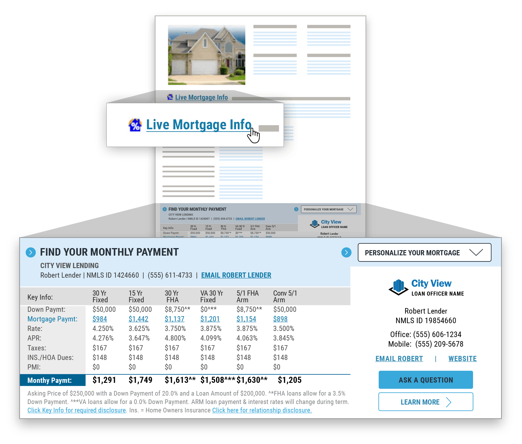 RatePlug mortgage payment calculator on a property flyer