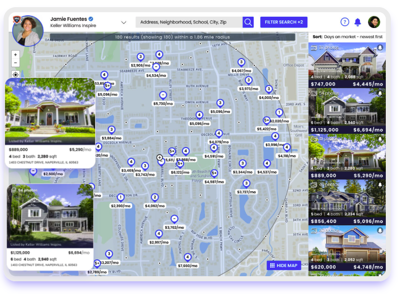 Afordal affordability-first home search showing monthly payment estimates on listings